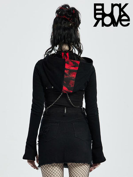 Punk Rave Chain Crop Black and Red Hoodie.